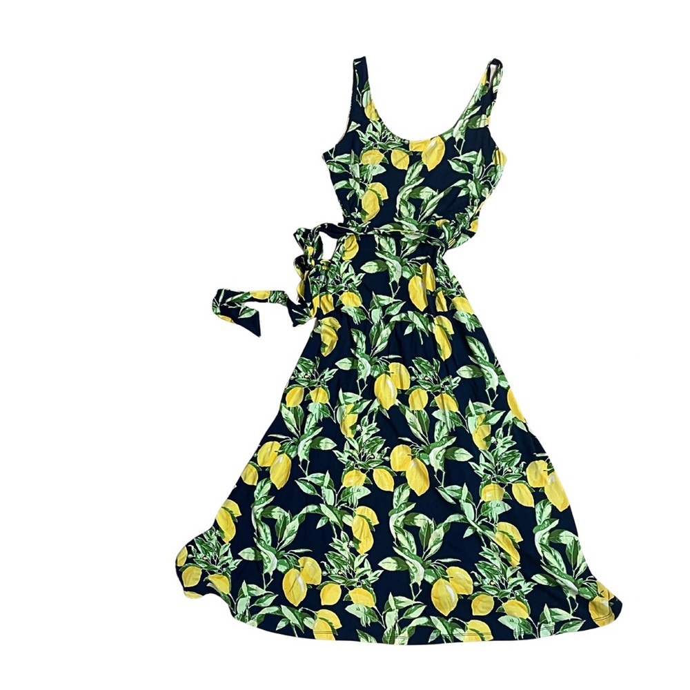 LOFT Navy Dress with Lemon and Leaf Print